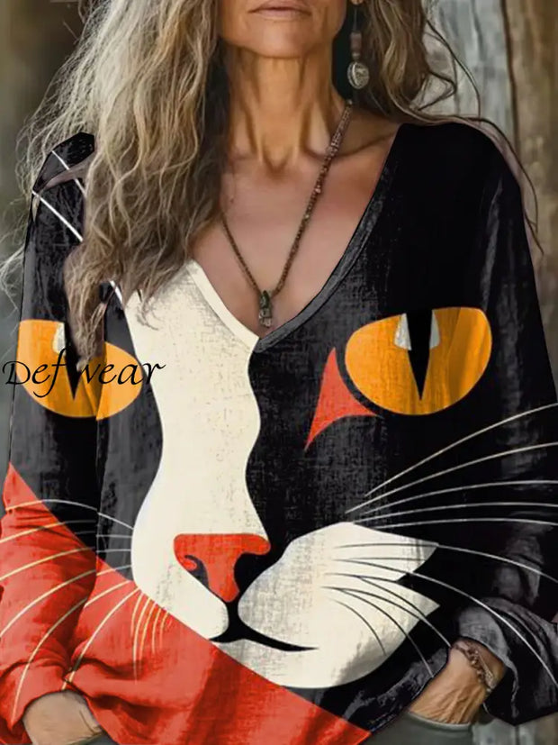 Fashionable Cute Cat Art Print Casual Long Sleeve Top As picture / S