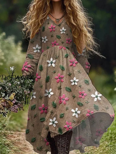 Fashionable Retro Floral Illustration Print V-Neck Midi Dress As Picture / S