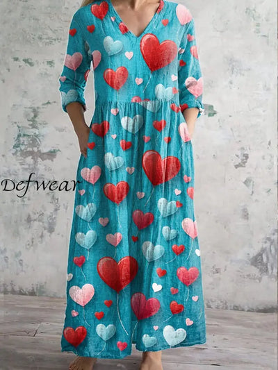 Fashionable Retro Valentine’s Day Heart Flower Illustration Printed V-Neck Midi Dress As Picture / S