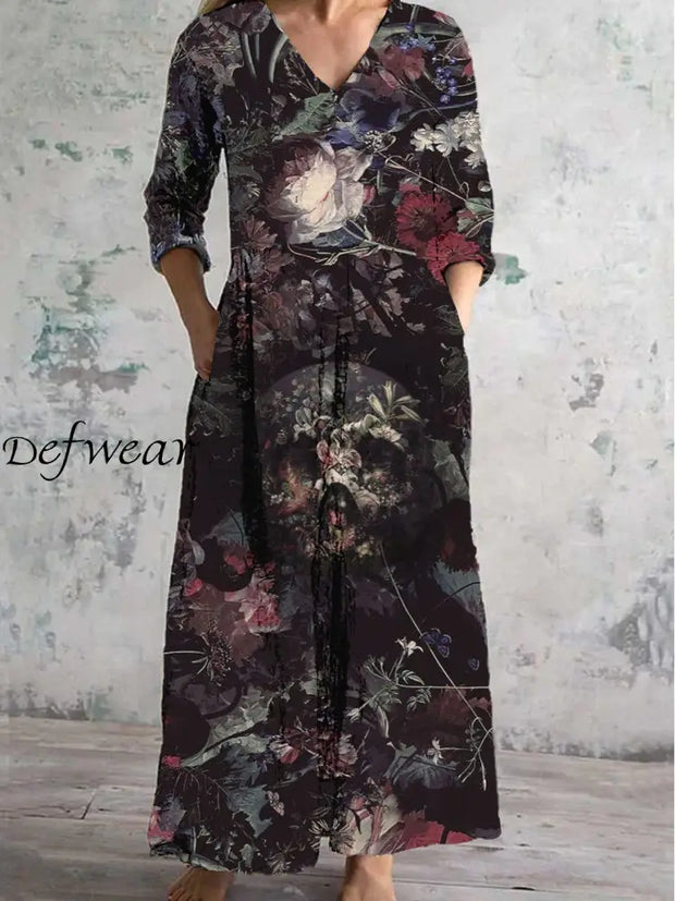 Floral Art Print Chic V Neck Long Sleeve Elegant Midi Dress