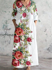 Floral Art Print Chic V Neck Long Sleeve Elegant Midi Dress