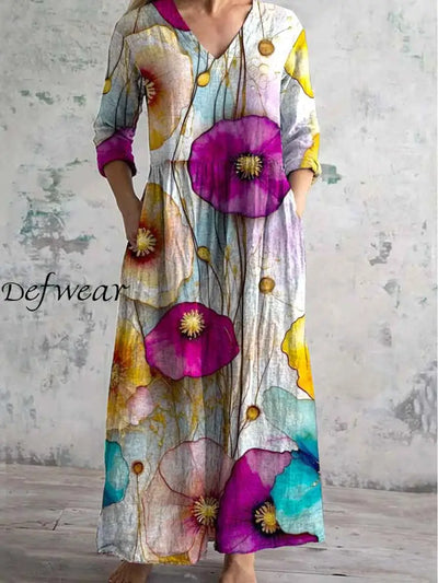 Floral Ombre Art Print Chic V-Neck Long Sleeve Elegant Midi Dress