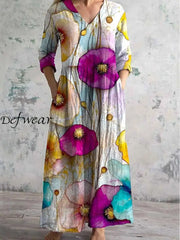 Floral Ombre Art Print Chic V-Neck Long Sleeve Elegant Midi Dress A / S