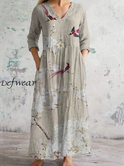 Flowers And Birds Vintage Art Print Chic V Neck Three Quarter Sleeve Elegant Midi Dress Beige / S