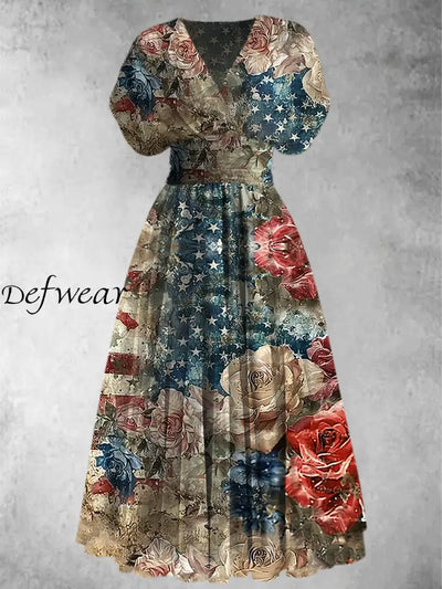 Glam Floral Art Printed Elegant V-Neck Vintage Chic Short Sleeve Maxi Dress A / S