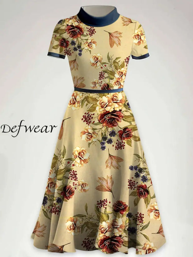 Glam Floral Art Printed Half High Round Neck Vintage Short Sleeve Midi Dress A / S