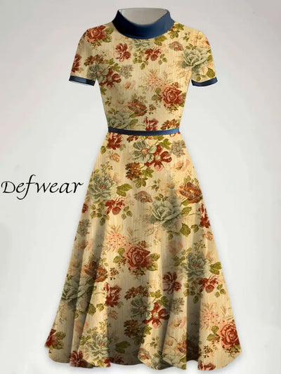 Glam Floral Art Printed Half High Round Neck Vintage Short Sleeve Midi Dress A / S