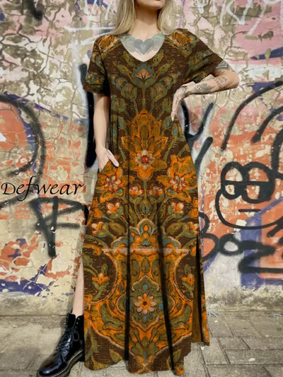 Glam Floral Art Printed V-Neck Vintage Chic Pocket Hem Slit Design Short Sleeve Maxi Dress A / S