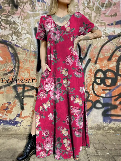 Glam Floral Art Printed V-Neck Vintage Chic Pocket Hem Slit Design Short Sleeve Maxi Dress A / S