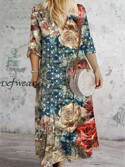 Glam Floral Art Printed V-Neck Vintage Elegant Long Sleeve Midi Dress A / S