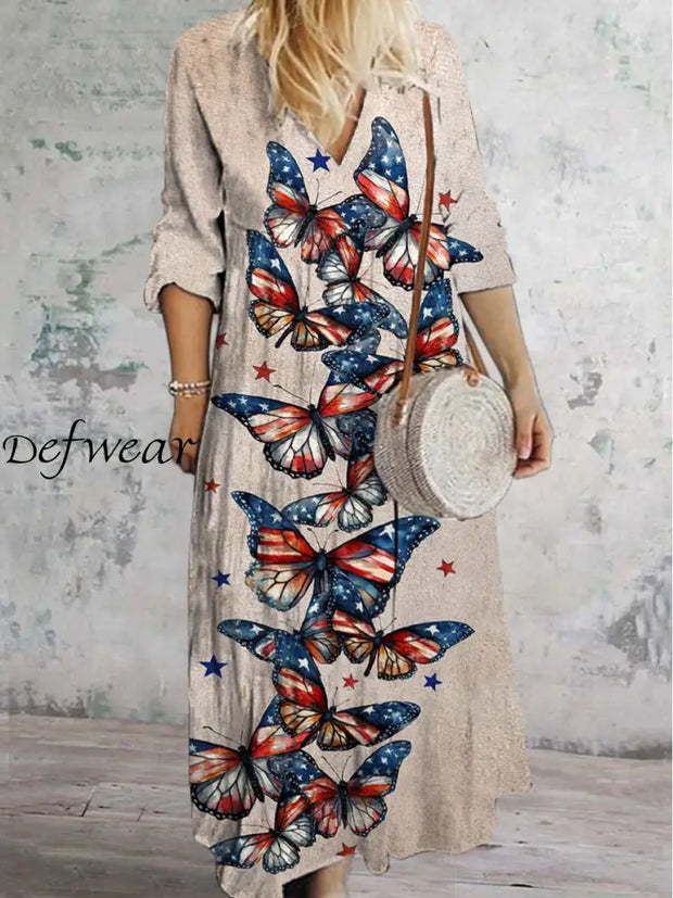 Glam Floral Art Printed V-Neck Vintage Elegant Long Sleeve Midi Dress A / S