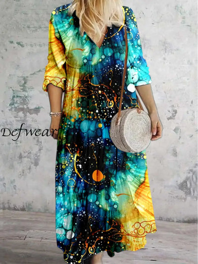 Grace Abstract Color Printed V Neck Vintage Elegant Long Sleeve Midi Dress A / S