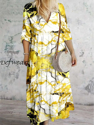 Grace Abstract Color Printed V Neck Vintage Elegant Long Sleeve Midi Dress A / S