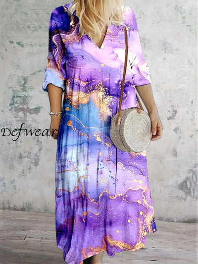 Grace Abstract Color Printed V Neck Vintage Elegant Long Sleeve Midi Dress A / S