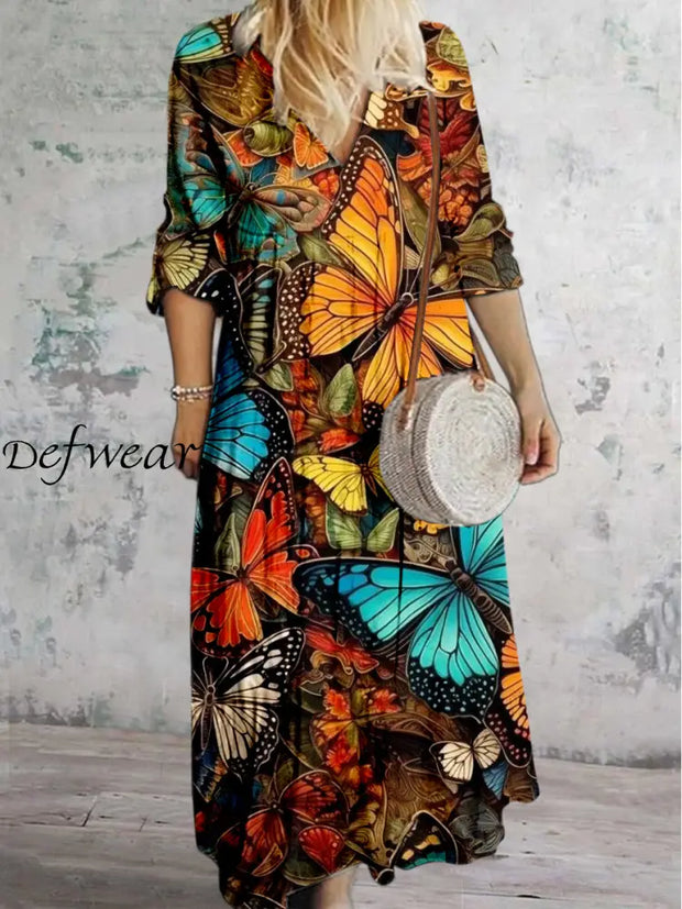 Grace Abstract Printed V Neck Vintage Elegant Long Sleeve Midi Dress A / S