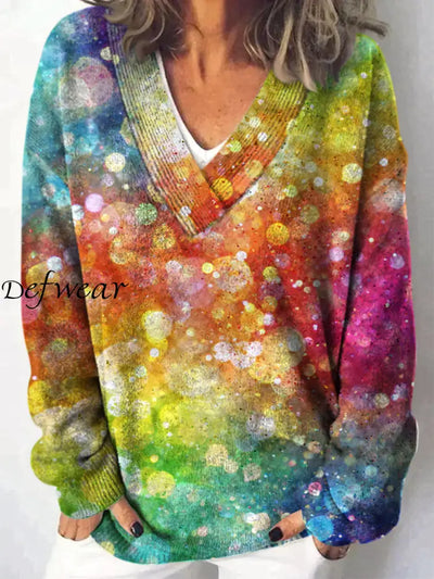 Gradient Color Printed V-Neck Casual Comfortable Long-Sleeved Loose Sweatshirt A / S