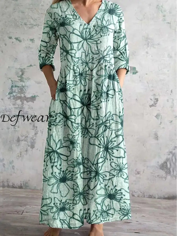 Green Floral Art Print Chic V Neck Long Sleeve Elegant Midi Dress A / S