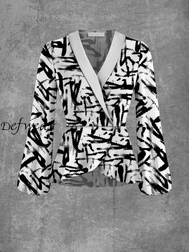 Ladies Elegant And Chic Art Print V-Neck Lapel Long Sleeve Top Jacket A / S