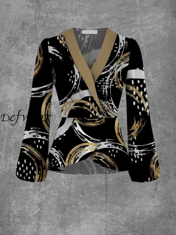 Ladies Elegant And Chic Black Gold Art Print V-Neck Lapel Long Sleeve Top Jacket A / S