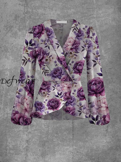 Ladies Elegant And Chic Floral Art Print V-Neck Lapel Long Sleeve Top Jacket A / S