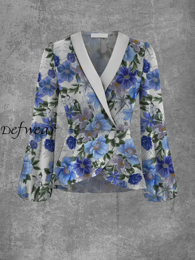 Ladies Elegant And Chic Floral Art Print V-Neck Lapel Long Sleeve Top Jacket A / S