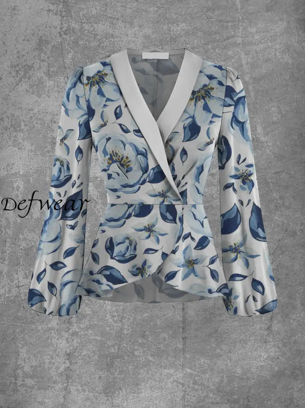 Ladies Elegant And Chic Floral Art Print V-Neck Lapel Long Sleeve Top Jacket A / S