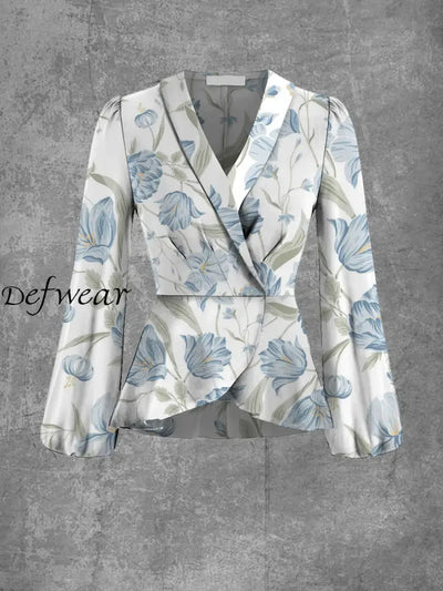 Ladies Elegant And Chic Floral Art Print V-Neck Lapel Long Sleeve Top Jacket A / S