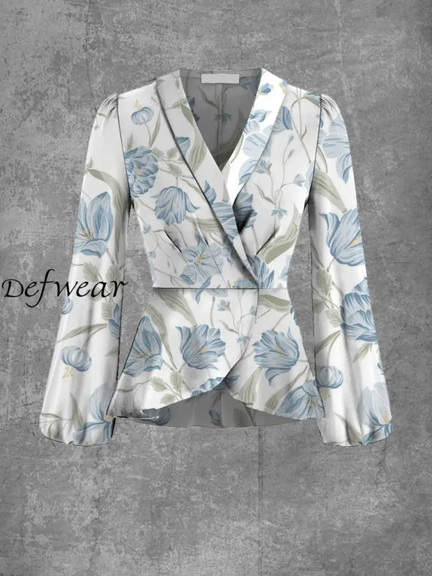 Ladies Elegant And Chic Floral Art Print V-Neck Lapel Long Sleeve Top Jacket A / S