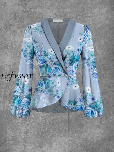 Ladies Elegant And Chic Floral Art Print V-Neck Lapel Long Sleeve Top Jacket A / S