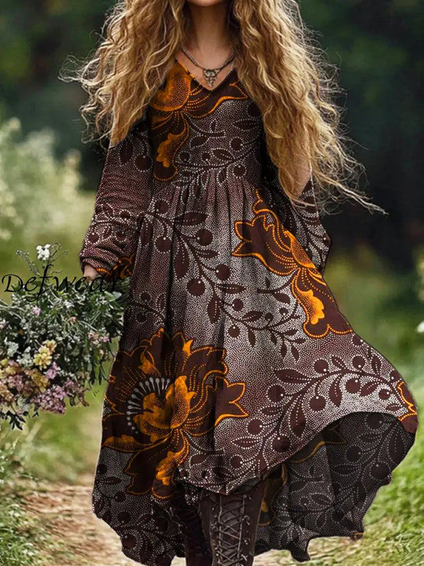 Ladies Fashion Elegant Art Floral Print V-Neck Long Sleeve Dress Brown / S