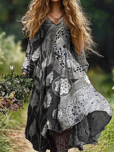 Ladies Fashion Elegant Art Floral Print V-Neck Long Sleeve Dress Dark Gray / S