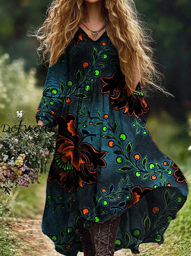 Ladies Fashion Elegant Art Floral Print V-Neck Long Sleeve Dress Dark Green / S