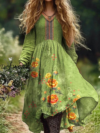 Ladies Fashion Elegant Art Floral Print V-Neck Long Sleeve Dress Green / S