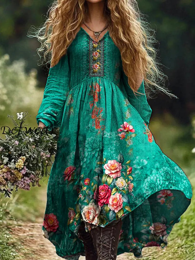 Ladies Fashion Elegant Art Floral Print V-Neck Long Sleeve Dress Green / S