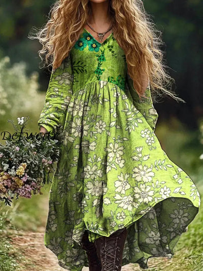 Ladies Fashion Elegant Art Floral Print V-Neck Long Sleeve Dress Green / S