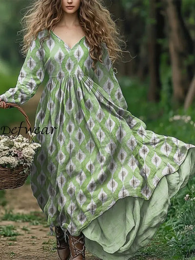 Ladies Fashion Elegant Art Floral Print V-Neck Long Sleeve Dress Light Green / S