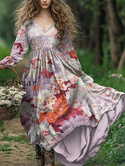 Ladies Fashion Elegant Art Floral Print V-Neck Long Sleeve Dress Pink / S