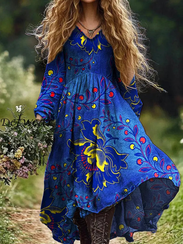 Ladies Fashion Elegant Art Floral Print V-Neck Long Sleeve Dress Royal Blue / S