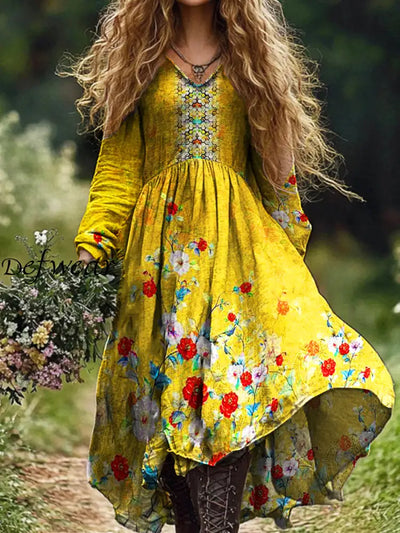 Ladies Fashion Elegant Art Floral Print V-Neck Long Sleeve Dress Yellow / S