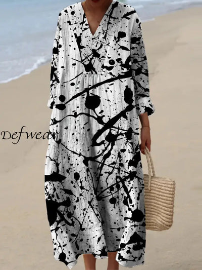 Ladies Fashion Elegant Ink Art Print V-Neck Long Sleeve Maxi Dress A / S