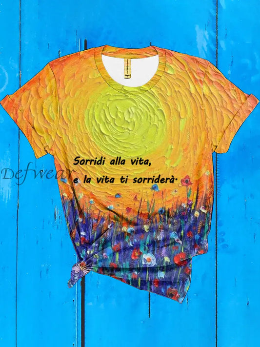 L’italiano delle donne ’Sorridi alla vita e la vita ti sorriderà’. T-shirt come immagine / S