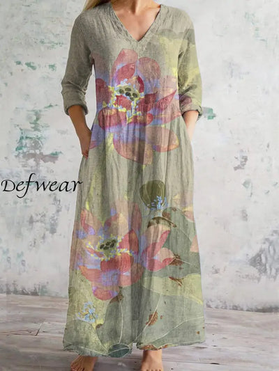 Lotus Vintage Art Print Chic V Neck Three Quarter Sleeve Elegant Midi Dress Light Green / S