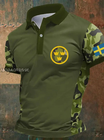 Mäns Sverige Veteran Tryckt polo skjjorta armé grön / S Ny Ankomst