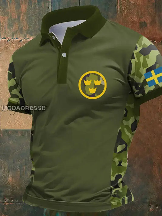 Mäns Sverige Veteran Tryckt polo skjjorta armé grön / S Ny Ankomst