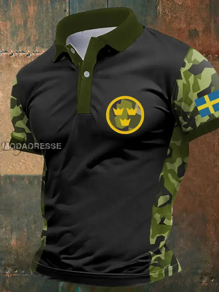 Mäns Sverige Veteran Tryckt polo skjjorta svart / S Ny Ankomst