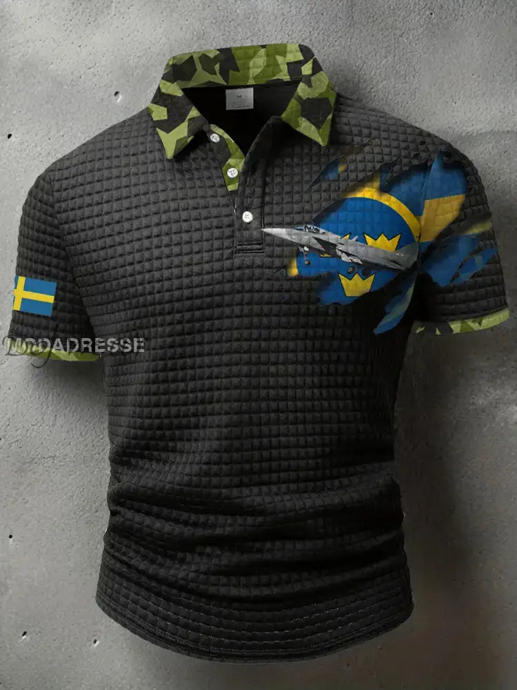 Mäns Sverige Veteran Tryckt polo skjjorta svart / S Ny Ankomst