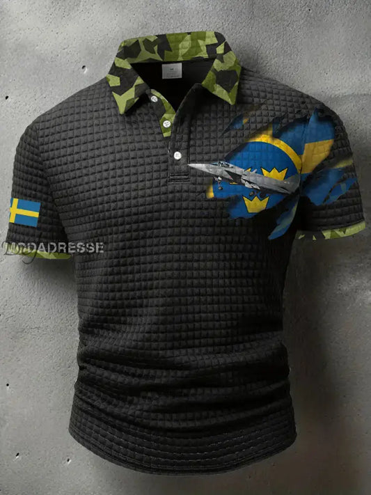 Mäns Sverige Veteran Tryckt polo skjjorta svart / S Ny Ankomst