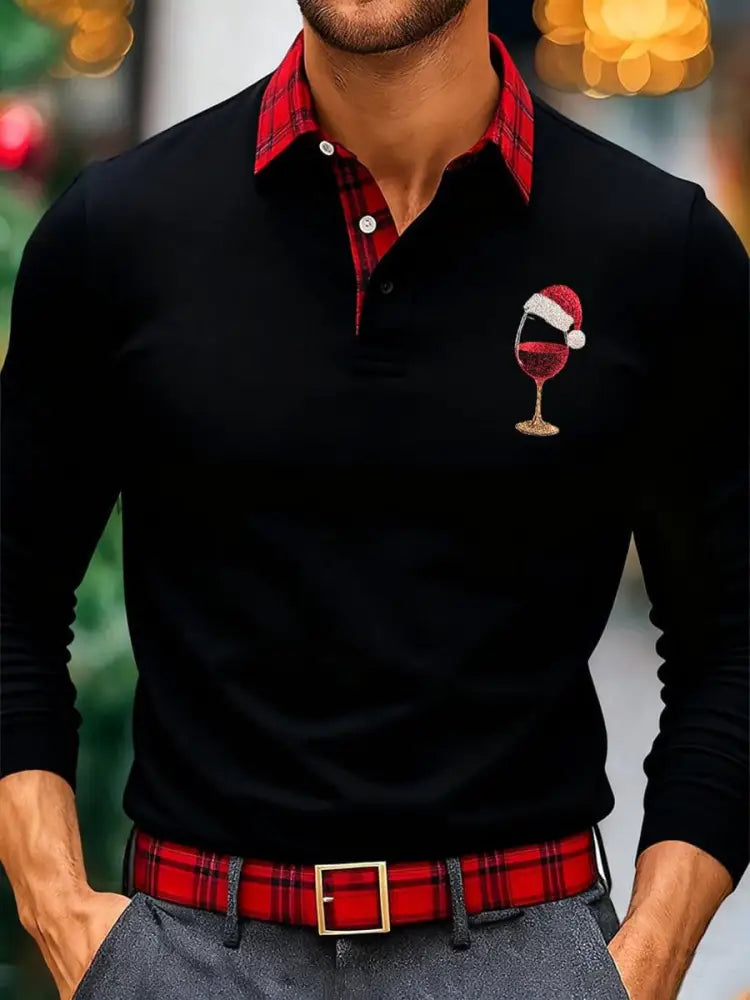 Men’s Christmas Red Wine Glass Print Long Sleeve Shirt Black / S