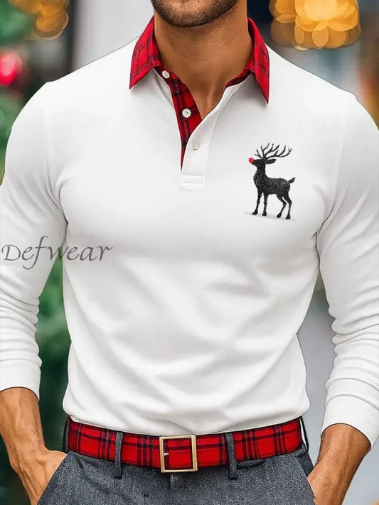 Men’s Christmas Reindeer Print Long Sleeve Shirt White / S