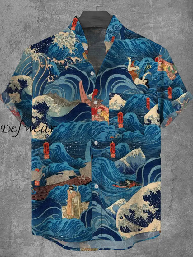 Men’s Fashion Art Print V-Neck Short Sleeve Pocket Button Shirt Top A / S